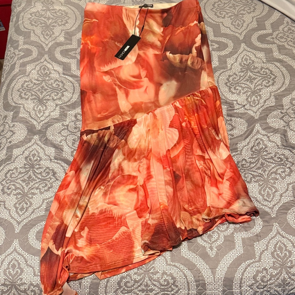 Fashion Nova Orange Floral High-Low Pleated Skirt